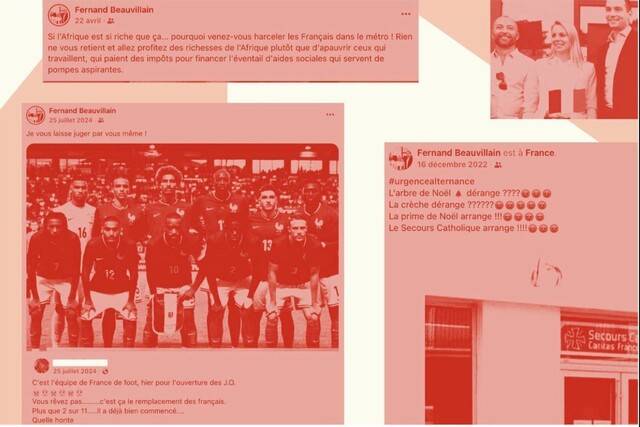 지롱드 지역 후보 페르낭 보빌랭이 프랑스 축구 국가대표팀을 향해 쓴 인종차별 게시물 모음. 대표팀 사진과 함께 “프랑스인들이 대체당하고 있다. 11명 중 (백인이) 2명뿐”이라고 썼다. ‘공화 전선’ 엑스 게시물 갈무리