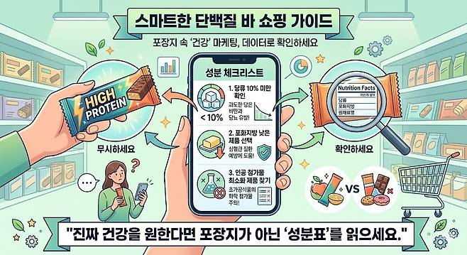 스마트한 단백질 바 쇼핑 가이드.&nbsp;제미나이 생성 그래픽