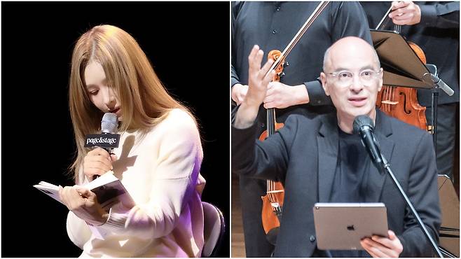 뮤지컬 ‘안나 카레니나’ 주연 배우 옥주현이 지난달 ‘페이지&스테이지’에서 소설 ‘안나 카레니나’의 한 장면을 낭독하고 있다.(왼쪽) 베르나르 베르베르가 신작 소설 ‘키메라의 땅’을 테마로 한 공연에서 자신이 쓴 대본을 낭독하고 있다./예스24·세종솔로이스츠