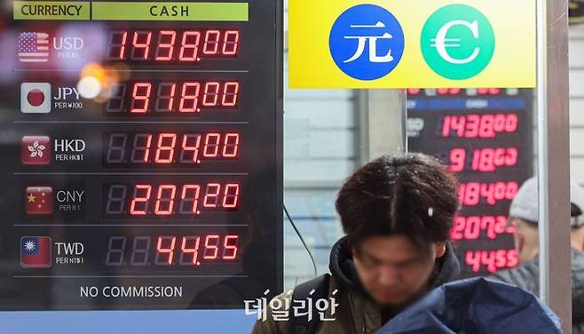 지난 2일 서울 중구 명동의 환전소에 원·달러 환율 등이 표시되어 있다. 미국의 이란 공격 여파로 국제 금융시장이 요동치고 있다. 당장 안전 자산인 달러로 자산이 쏠릴 것으로 예상되는데, 전쟁이 길어질 경우 환율이 1500원대 중반까지 갈 수 있다는 분석도 나온다.ⓒ뉴시스