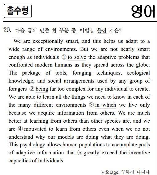 지난해 11월 시행된 2026학년도 대학수학능력시험 영어 문항 중 유일한 문법 문제. 정답은 ②번이다. ‘being’이 아닌 ‘is’를 써야 한다. 김대균 강사는 이같이 기초적인 문법 문제를 출제하면서 독해 지문은 어렵게 뽑는 고난도 수능이 영어 문제를 기형적으로 만들고 있다고 주장했다. 사진 한국교육과정평가원