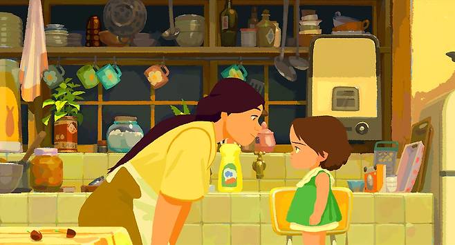 애니메이션 '리틀 아멜리' 속 한 장면. 일본인 가정부 니시오 이모(왼)가 아멜리와 눈을 맞추며 대화하고 있다, [영화사 진진]