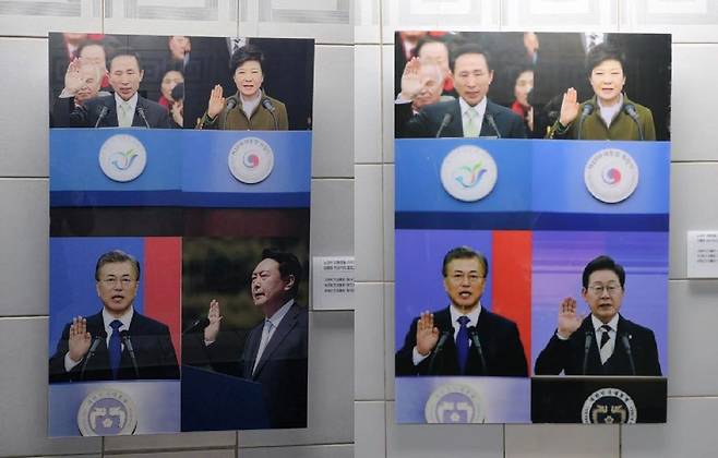 앞서 국회 본관 지하통로에 전시됐던 윤석열 전 대통령의 취임 선서 사진(왼쪽)과 교체된 이재명 대통령의 선서 사진(오른쪽). 사진 페이스북 갈무리