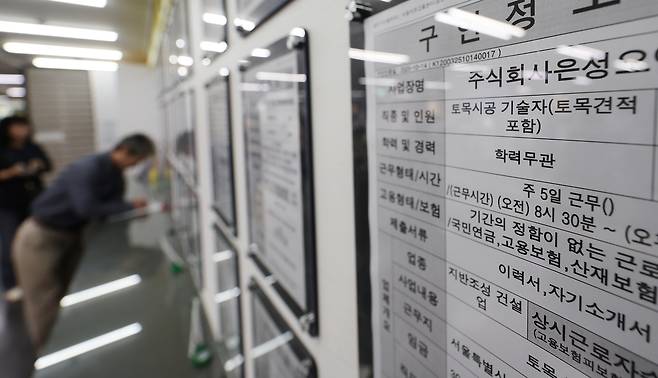 Postings for construction work are seen at a job center in Mapo District, western Seoul, on Oct. 17, 2025. [YONHAP]