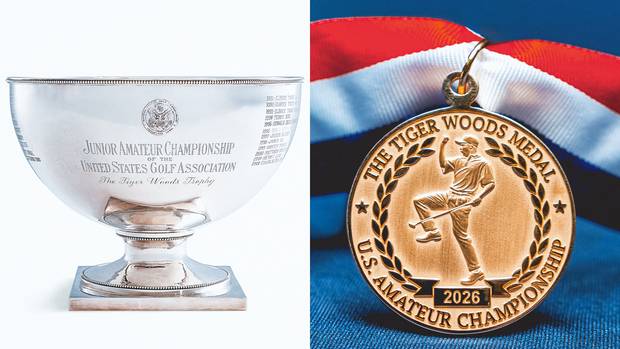 타이거 우즈의 이름이 들어가는 US 주니어 아마추어 우승 트로피(왼쪽)와 US 아마추어 우승 메달. 사진 제공=USGA