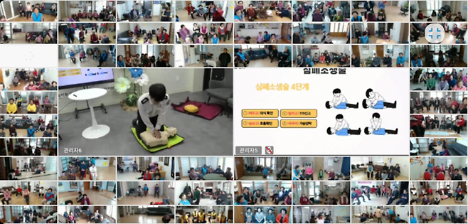 ▲ 지난 3일 성주군 스마트경로당 프로그램을 통해 성주소방서가 진행한 응급처치 교육에서 소방대원이 심폐소생술 CPR 실습을 시연하고 있으며, 지역 179개 경로당 어르신들이 스마트TV 화면을 통해 교육에 참여하고 있다. 김정수 기자