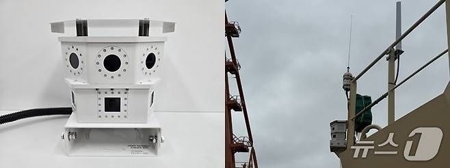 왼쪽 사진은 HD현대 아비커스의 하이나스 컨트롤 내비게이션 카메라 유닛(아비커스 제공). 오른쪽은 카메라 유닛 등이 HMM 에메랄드호에 설치된 모습