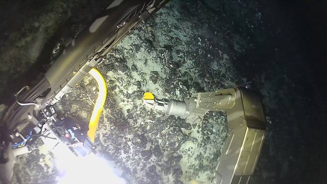 무인잠수정 '아리아리호'가 로봇팔로 남극 심해생물을 포획하는 모습. 극지연구소 제공