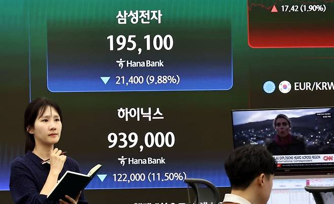 미국과 이란의 전쟁으로 지정학적 불안감이 지속되고 있는 지난 3일 서울 중구 하나은행 딜링룸 현황판에 삼성전자와 하이닉스의 주가가 표시되고 있다./사진=연합뉴스