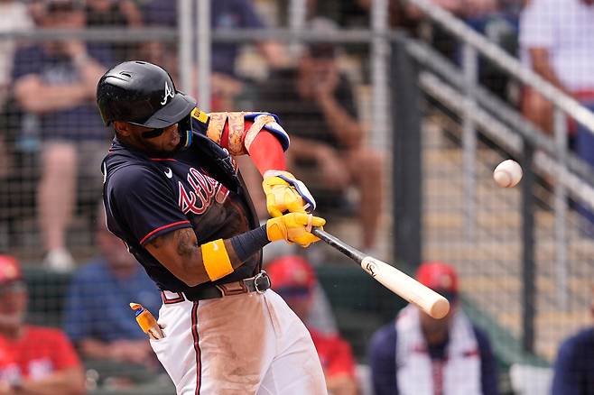 Atlanta Braves' Ronald Acuña Jr. hits a grand slam in the third inning of a spring training game against the Boston Red Sox in North Port, Florida, on Feb. 27. [AP/YONHAP]