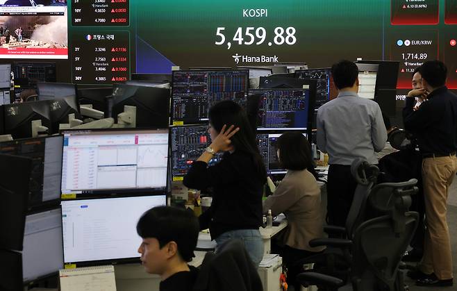 4일 중구 하나은행 본점 딜링룸 전광판에 실시간 코스피가 표시돼 있다. [연합]