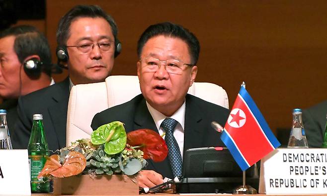 지난 2019년 10월 25~26일 아제르바이잔 바쿠에서 열린 제18차 비동맹운동(NAM) 회의에 참석한 당시 최룡해 북한 국무위원회 제1부위원장 겸 최고인민회의 상임위원장 모습. 평양=조선중앙통신·연합뉴스