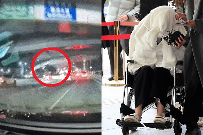 지난달 25일 오후 서울 반포대교를 달리던 포르쉐 차량이 다리 밑 한강 둔치로 추락하는 모습. 오른쪽은&nbsp;해당 포르쉐 차량 운전자인 30대 여성이 지난달 27일 서울 마포구 서울서부지방법원에서 마약류관리법 위반 및 도로교통법상 약물운전 혐의로 구속 전 피의자 신문(영장실질심사)를 받기 위해 출석하고 있다. 연합뉴스·뉴시스