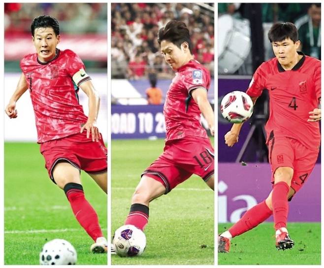 손흥민(왼쪽)과 이강인(가운데), 김민재(오른쪽) 등 한국 축구 ‘황금 조합’이 출격하는 2026 국제축구연맹(FIFA) 북중미 월드컵이 개막 100일 앞으로 다가왔다. 사진은 지난해 10월 파라과이와의 친선전에서 돌파하고 있는 손흥민과 지난해 6월 쿠웨이트와의 월드컵 아시아 3차 예선에서 슈팅하는 이강인, 2024년 1월 사우디아라비아와의 아시안컵 16강전에서 패스하는 김민재. 서울·알라이얀 연합뉴스
