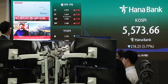 4일 중구 하나은행 본점 딜링룸 전광판에 실시간&nbsp;코스피가 표시돼 있다. ⓒ 연합뉴스