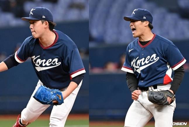 일본 독립리그에서 뛰는 고바야시 다츠토(왼쪽)와 이시이 고키가 3일 오릭스와 평가전에서 한국 유니폼을 입고 투구를 펼치고 있다.