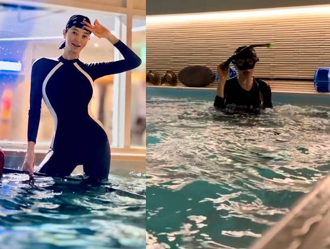 수영복 차림으로 완벽 몸매를 뽐낸 김혜수는 엔드리스 풀 수영(오른쪽)으로  라인을 관리한다. 사진=김혜수 SNS
