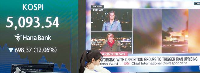 4일 하루 동안 코스피가 12.06% 폭락하며 사상 최대 낙폭을 기록했다. 이날 오후 서울 중구 하나은행 본점 딜링룸 전광판에 미국·이스라엘과 이란 전쟁 관련 뉴스가 나오고 있다./박성원 기자