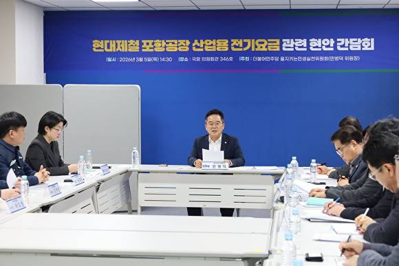 서울 국회에서 더불어민주당 을지로위원회(위원장 민병덕 국회의원) 주관으로 현대제철 포항공장 산업용 전기요금 관련 현안 간담회가 열리고 있다. [사진=박희정 예비후보 사무실]