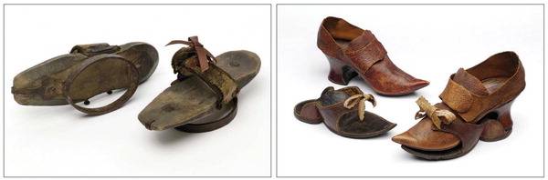 18세기 초 영국의 덧신, 런던 빅토리아 알버트 박물관 소장. 왼쪽 사진은 나무 바닥과 쇠 링을 연결한 노동 계급의 덧 나막신. 매우 무겁고 걸을 때 쨍그랑거리는 소음이 심했다. 오른쪽 사진은 가죽으로 만든 귀족용 덧신. 마차를 이용하는 귀족들은 더러운 길을 오래 걸을 일이 없었으므로 덧신도 기능보다는 장식에 치중하며 만들어졌다. 한길사 제공