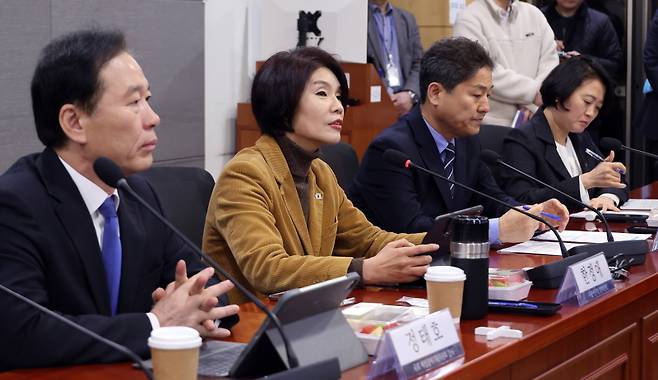 5일 국회 의원회관에서 열린 중동 현안 관련, 더불어민주당-재계 긴급 간담회에서 한정애 정책위의장이 발언하고 있다. 연합뉴스