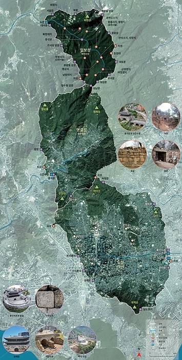 (아래에서 위로) 한양도성~탕춘대성~북한산성으로 이어지는 ‘한양의 수도성곽’이 담긴 지도. 경기문화재단 경기역사문화유산원 제공