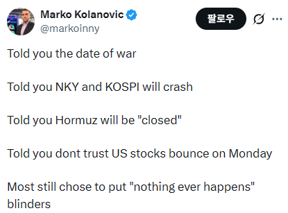 4일 코스피 대폭락 이후 올라온 콜라노비치의 엑스 게시물. “내가 코스피 박살난다고 했지.”라고 강조하고 있다. [엑스]