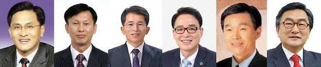 [영주=뉴시스] 영주시장 선거 출마자들. 왼쪽부터 박성만 경북도의회 의장, 송명달 전 해양수산부 차관, 유정근 전 영주시장 권한대행, 황병직 전 경북도의원, 우성호 전 경북도의원, 최영섭 영주발전연구소장. 2026.03.05. photo@newsis.com *재판매 및 DB 금지