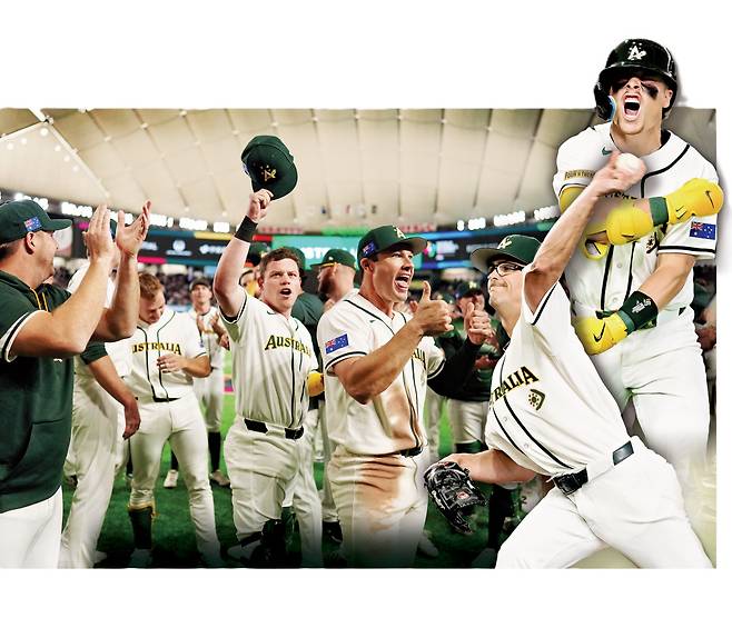 호주 야구 대표팀이 5일 일본 도쿄돔에서 열린 2026 월드베이스볼클래식(WBC) C조 대만전에서 7회 쐐기 홈런을 친 트래비스 바자냐(오른쪽 위)와 선발 투수 알렉스 웰스(오른쪽 아래)의 호투를 앞세워 3-0 승리한 뒤 자축하고 있다.  게티이미지코리아