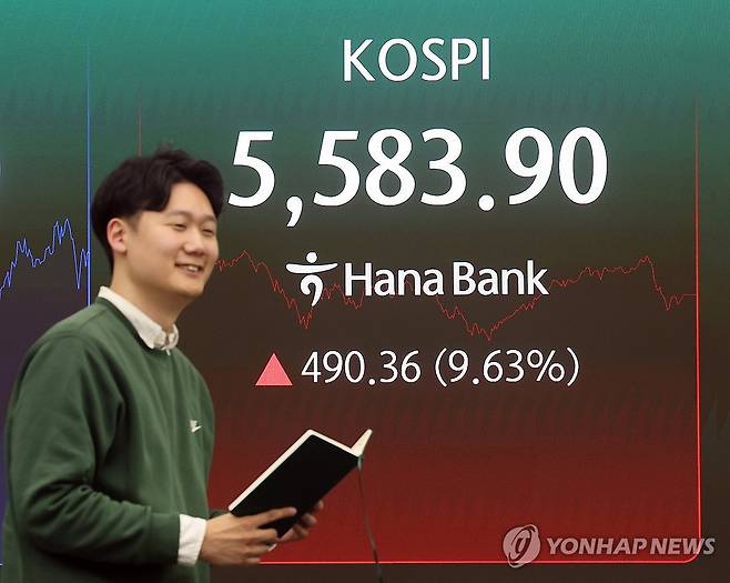 5,580대 회복한 코스피 (서울=연합뉴스) 박동주 기자 = 최근 연이틀 폭락한 코스피가 급반등해 단숨에 5,580대를 회복한 5일 서울 중구 하나은행 딜링룸에서 직원이 업무를 보고 있다. 
    이날 코스피는 전장보다 490.36포인트(9.63%) 오른 5,583.90에 장을 마쳤다. 2026.3.5 pdj6635@yna.co.kr