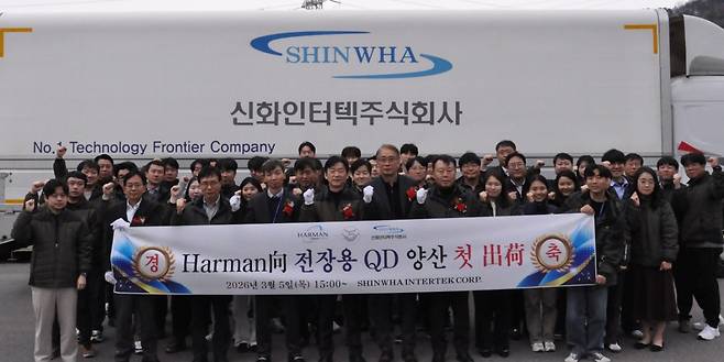 자동차 디스플레이용 QD 시트 하만(HARMAN)향 첫 출하식(신화인터텍 제공)