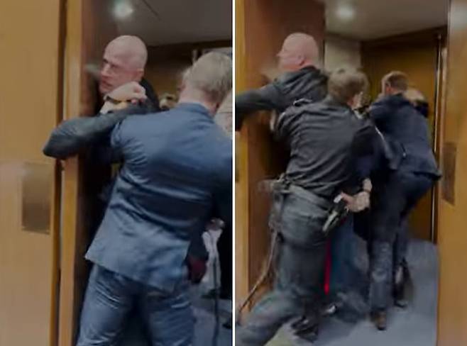 노스캐롤라이나주 상원의원 선거에 녹색당 후보로 나선 해병대원 출신 브라이언 맥기니스가 "누구도 이스라엘을 위해 싸우길 원하지 않는다"며 항의하고, 경찰은 그를 끌어내고 있다. /유튜브