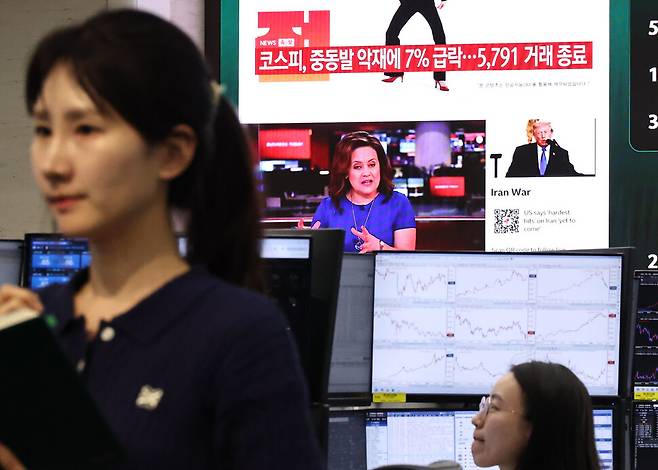 미국과 이스라엘의 이란 침공으로 지정학적 불안감이 지속되고 있는 2026년 3월3일 서울 중구 하나은행 딜링룸의 현황판에 이란 사태 관련 뉴스가 나오고 있다. 이날 코스피 지수는 전 거래일 대비 452.22(7.24%) 내린 5791.91에, 코스닥 지수는 55.08(4.62%) 내린 1137.70에 장을 마감했다. 연합뉴스