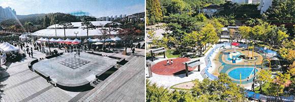 동백호수공원 어린이 물놀이장(왼쪽)과 푸르내어린이공원 물놀이장. [사진=용인특례시]