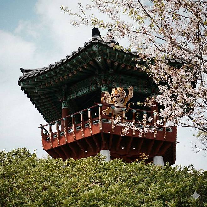 제미나이로 이미지를 생성한 결과, 원본 배경에 호랑이 캐릭터를 자연스레 합성했다 / 출처=제미나이 생성 이미지