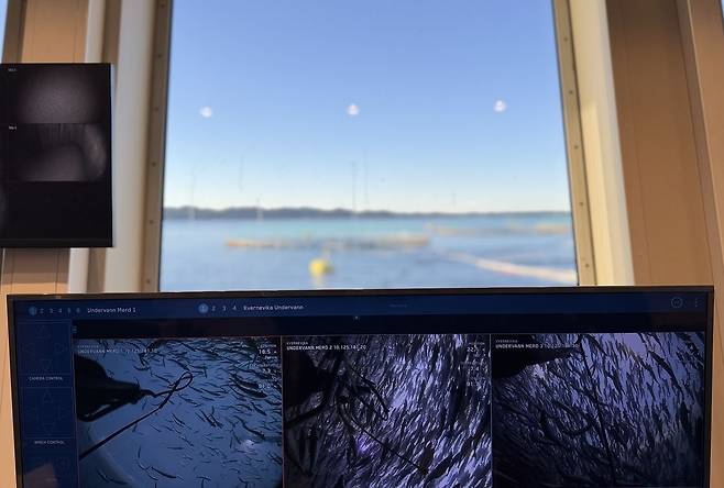 모니터 화면에 연어 양식장을 모니터링하는 수중 카메라 영상이 떠있다. 천권필 기자