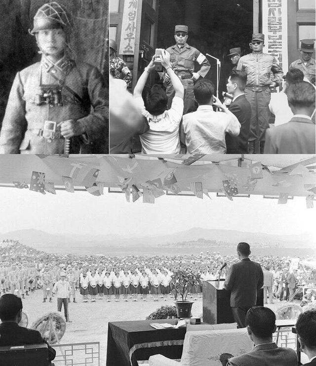 왼쪽 위부터 시계방향으로 만주육군군관학교와 일본 육사를 졸업한 직후 견습사관 시절의 박정희, 5·16 쿠데타 직후 장도영과 박정희, 1966년 전천후 농업용수장 개발사업 준공식에 참여해 연설하는 박정희. 군중을 군대식으로 도열시킨 모습은 박정희 체제의 군사적 통치성을 상징한다.   위키미디어 커먼스, 대통령기록관