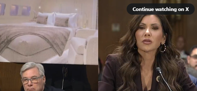 크리스티 놈(오른쪽) 국토안보부 장관이 의회 청문회에서 장관 전용기 내부의 침실 공간에 대해 해명하고 있다. 엑스 캡처