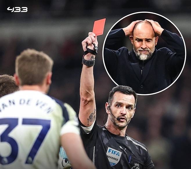 2025-2026시즌 프리미어리그 29라운드 크리스털 팰리스전 토트넘 홋스퍼의 미키 판 더 펜이 레드카드를 받았다. 433