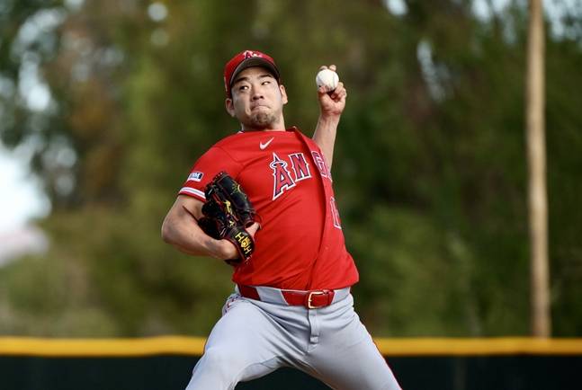 소속팀 스프링캠프에 합류해 훈련했던 기쿠치의 모습. /사진=LA 에인절스 공식 SNS