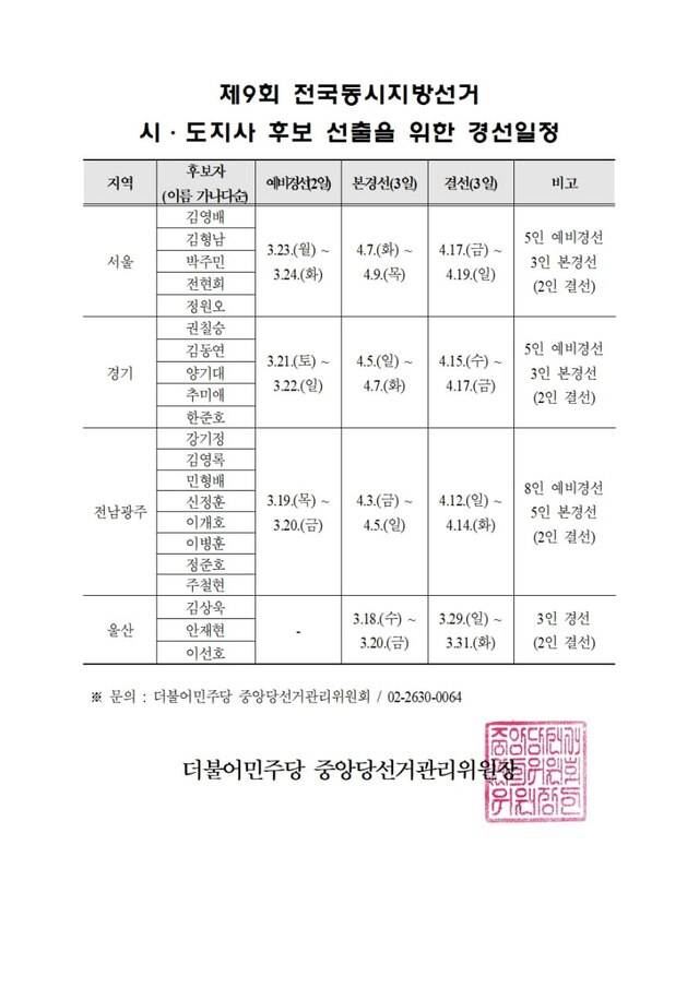 민주당 중앙당 광역단체장 경선일정 공지./홈페이지