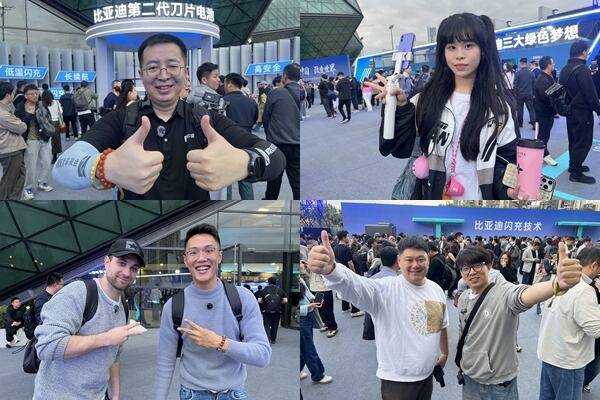 중국 디펀(BYD 팬)들의 말말말(왼쪽 위부터 시계 방향으로)- 양왕(BYD 산하 고급 브랜드) 차주인 투자회사 고위직 탕모(39)씨 "참석 티켓 구하기가 하늘의 별따기였다", 자동차 대리점 직원 먼모(29)씨 "축제 즐기는 마음으로 왔다", 구독자 100만 인플루언서 리모(34)씨(오른쪽) "아이폰 신제품 발표회보다 분위기가 열광적", BYD차주 자영업자 숭모(43)와 궈모(37)씨 "팬심으로 왔으니 이게 우리의 콘서트"