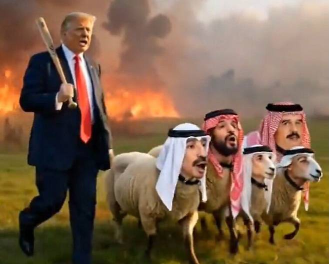 야구방망이를 들고 이슬람국가 지도자들의 머리를 한 양떼들을 끌고가는 트럼프 대통령 밈./X