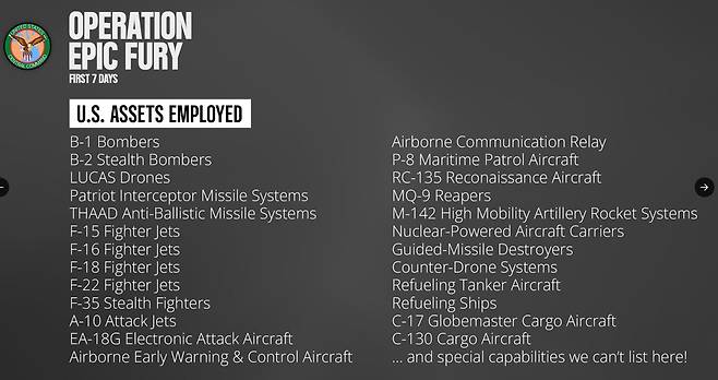 미군 중부사령부(CENTCOM)가 공개한 전력. 출처= X