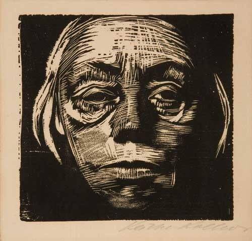 '정면 자화상'(1934). 67세의 콜비츠가 정면을 응시하는 석판화다. 나치 집권 직후, 공직에서 쫓겨난 시기에 제작됐다. /케테 콜비츠 미술관, 베를린