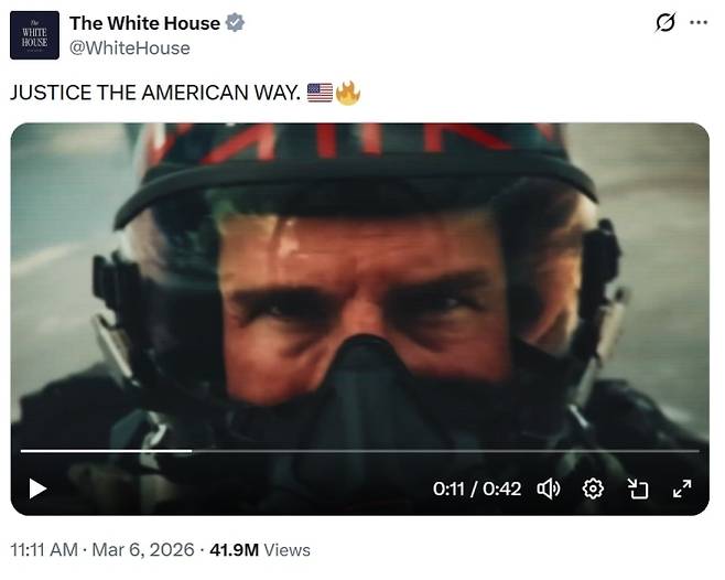 미국 백악관에서 여러 편의 할리우드 영화를 짜깁기해 만든 전쟁 홍보 영상을 공개해 온라인상에서 조롱과 비판을 받고 있다. 백악관 X 캡처