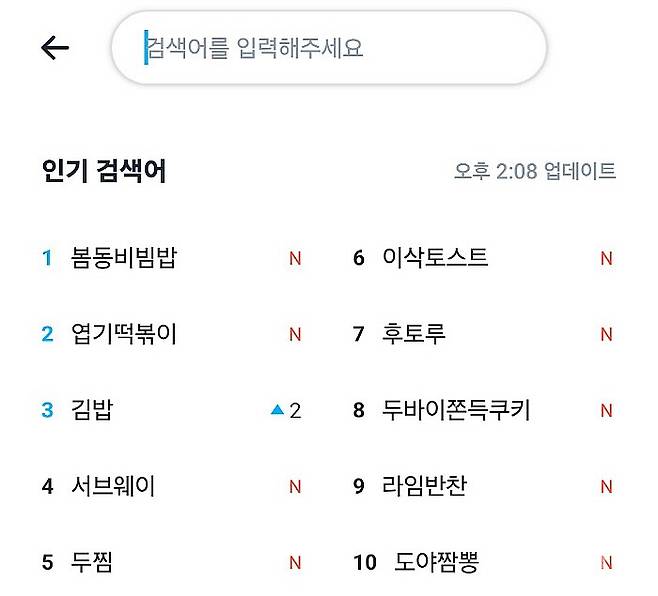 지난 6일 오후 2시께 한 배달 플랫폼 인기 검색어 순위에서 ‘봄동비빔밥’이 1위를 차지하고 있다. 강승희기자 wlog@mdilbo.com