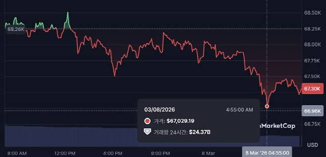 비트코인이 8일 새벽 6만7029달러까지 하락했다. (사진=코인마켓캡)