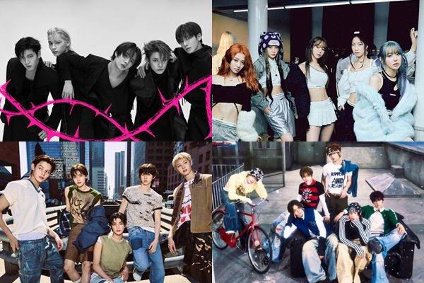 (왼쪽 상당부터 시계방형) 투모로우바이투게더, 르세라핌, TWS, 코르티스 / 사진=빅히트 뮤직, 쏘스뮤직, 플레디스 엔터테인먼트