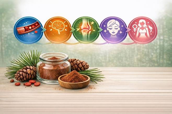 피크노제놀 효능을 주제로 생성 AI가 만든 이미지. 항산화·항염증 기능과 혈액순환 개선, 호르몬 균형 등의 효과가 있다고 설명한다. [챗GPT]